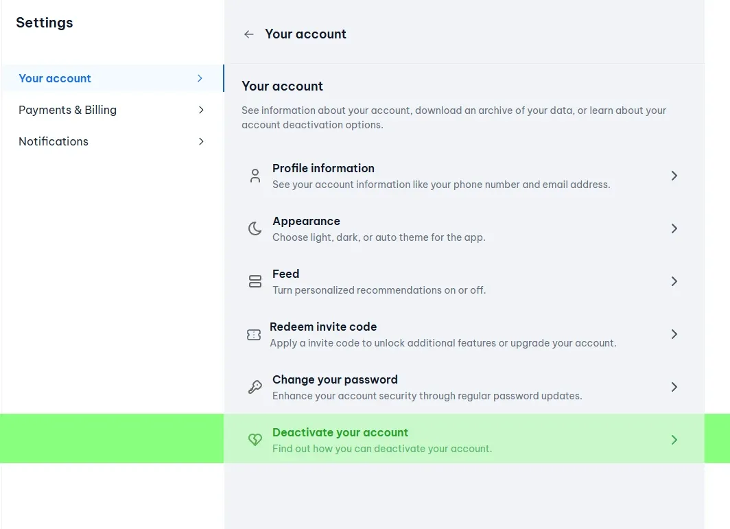 Deactivate your account screenshot