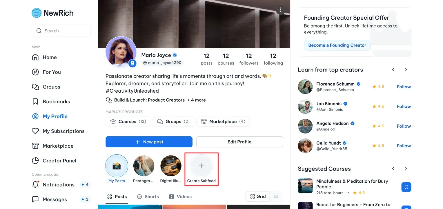 Create a Subfeed screenshot