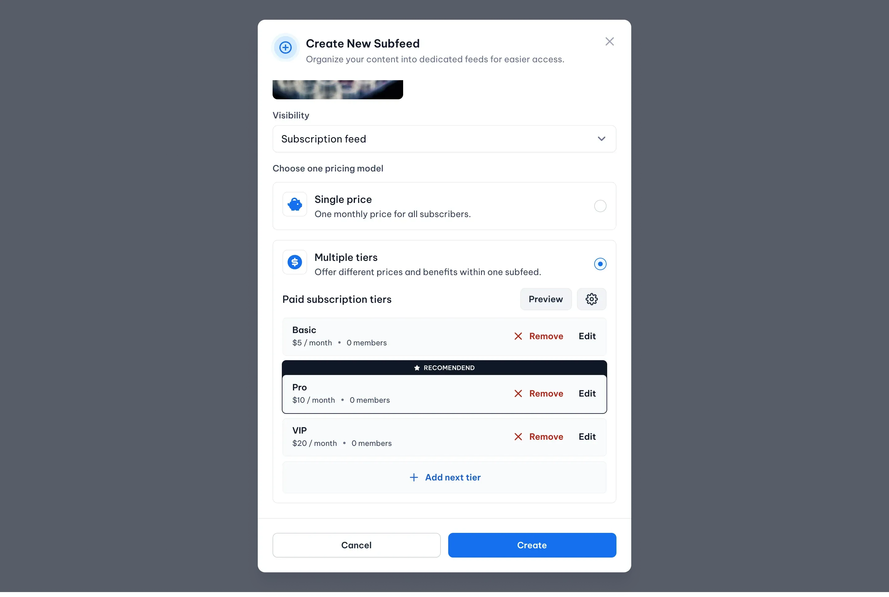 Create a Subfeed screenshot