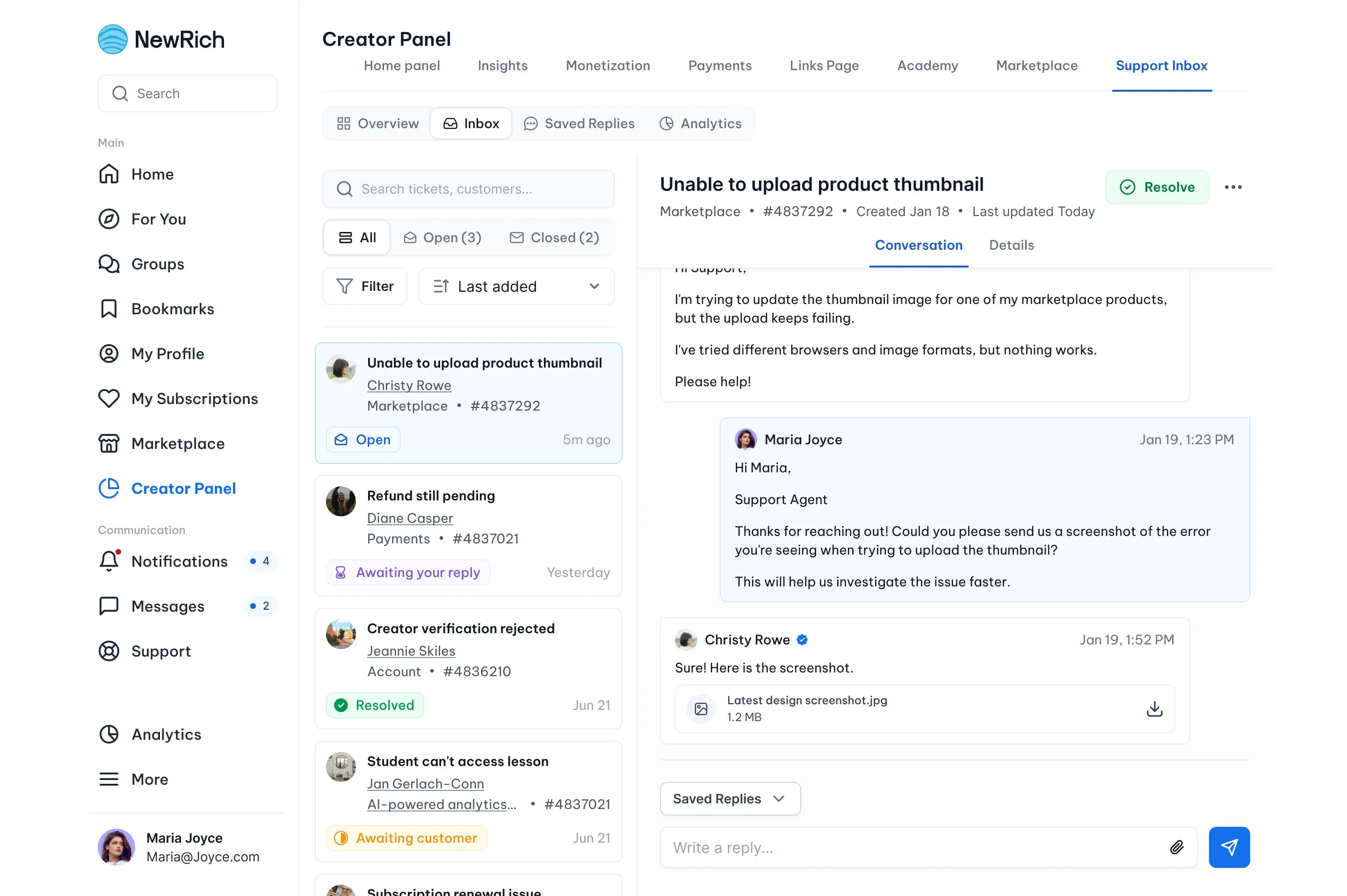 Creator support screenshot