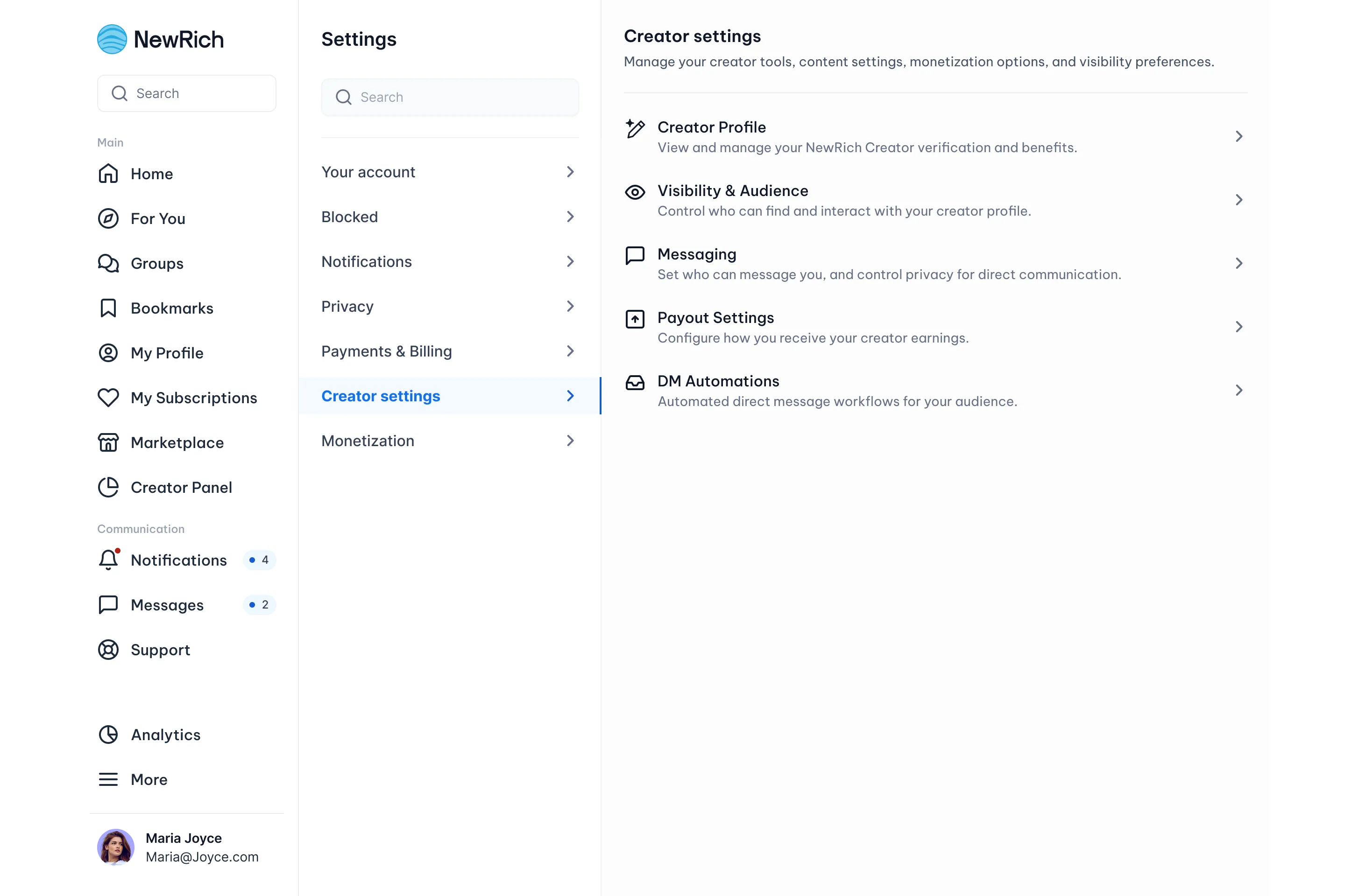 Creator messaging settings screenshot
