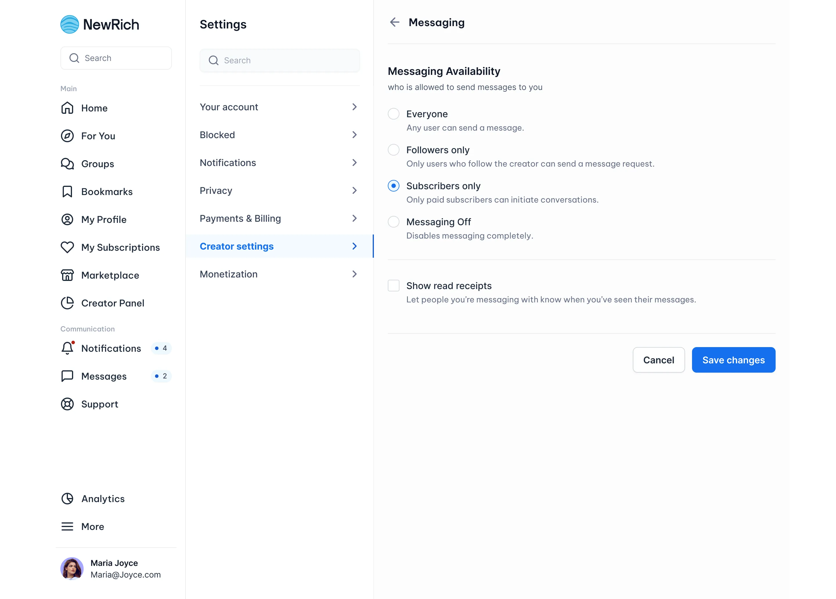 Creator messaging settings screenshot