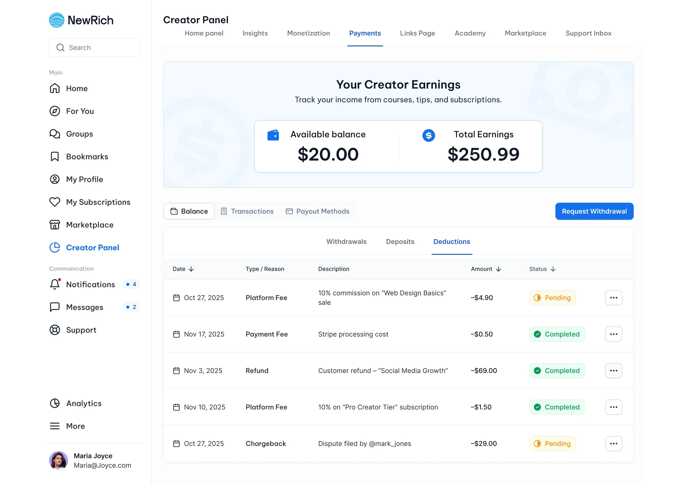 Payment deductions screenshot