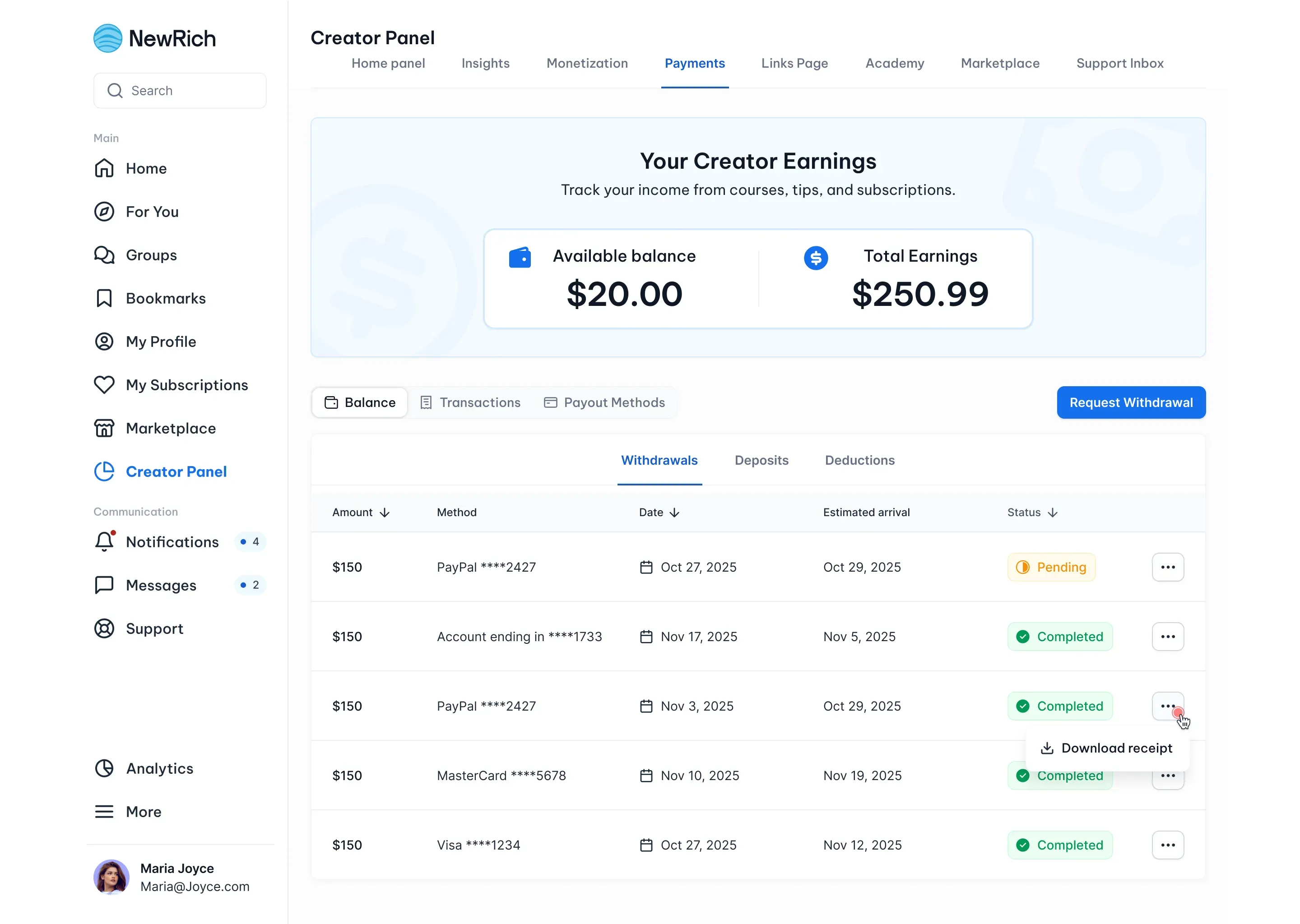 See payment history screenshot