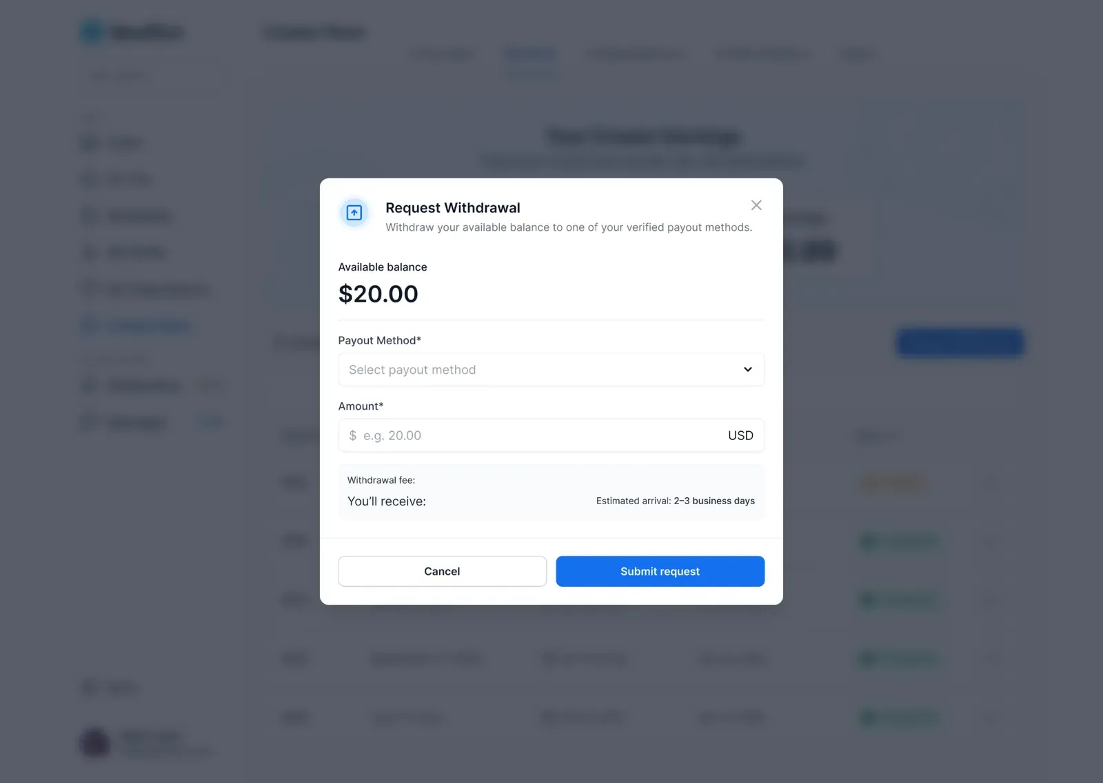 Payouts screenshot
