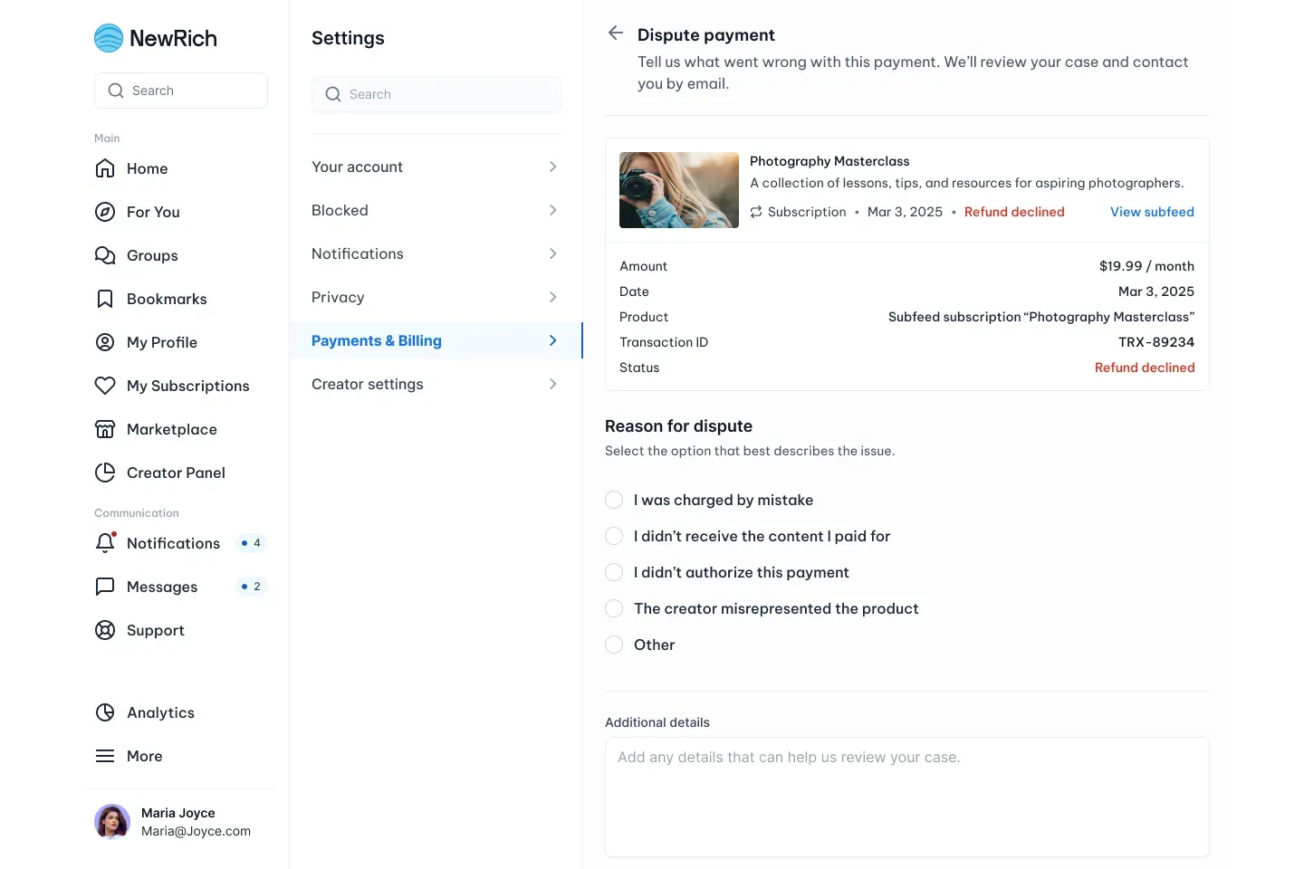 Dispute payments screenshot