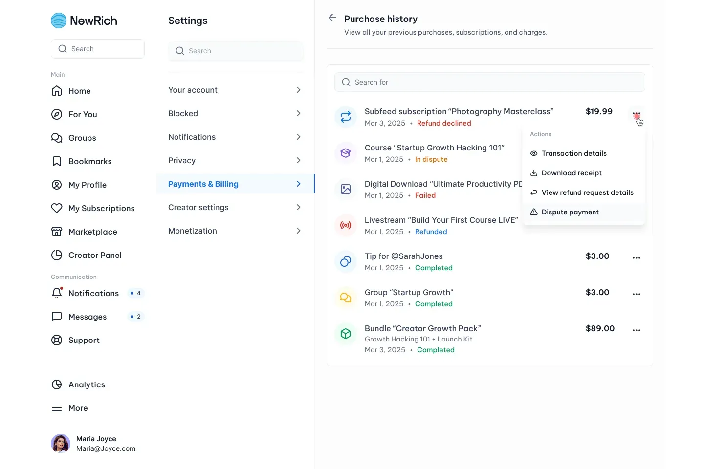 Dispute payments screenshot