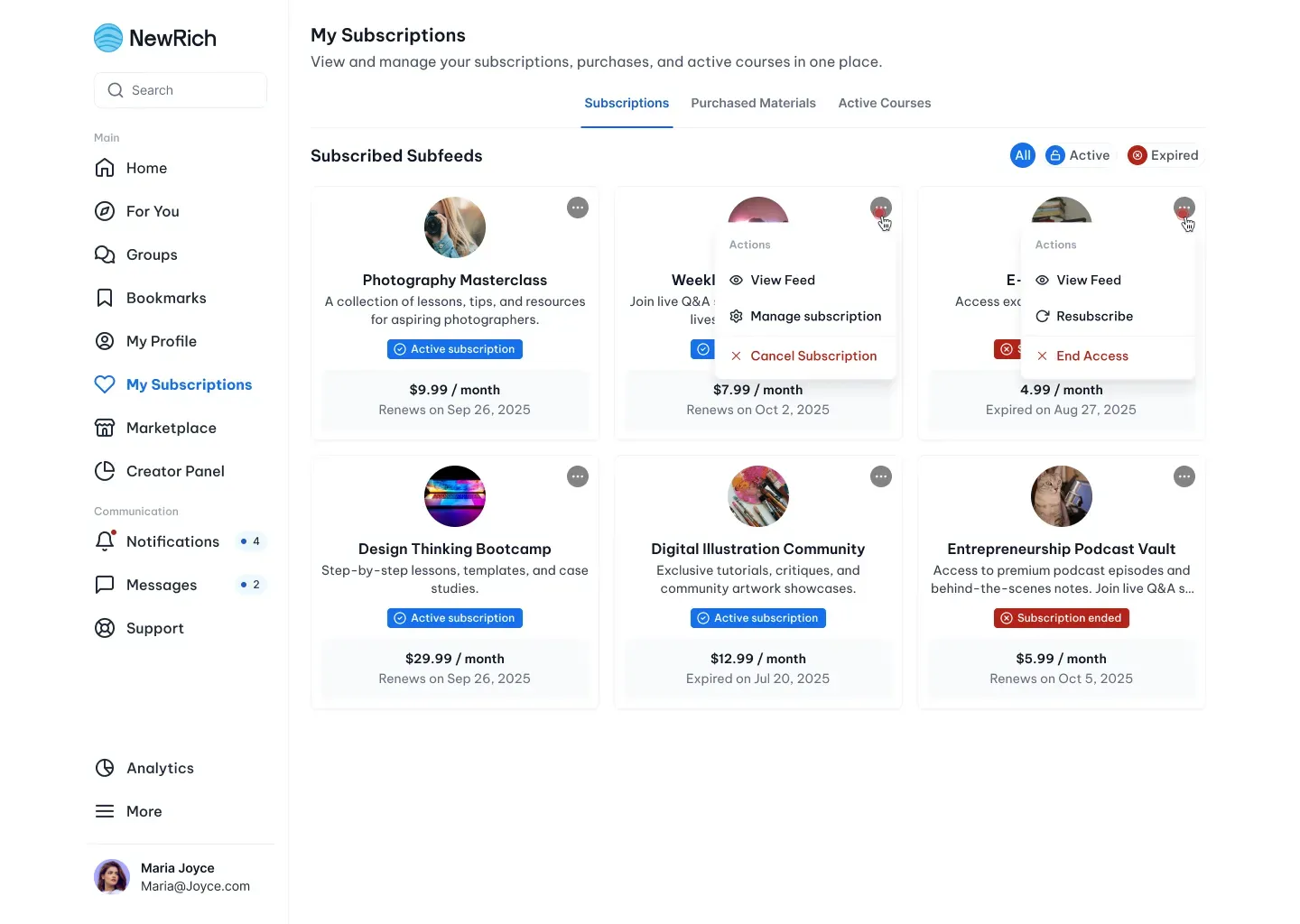 Leave groups and subscriptions screenshot
