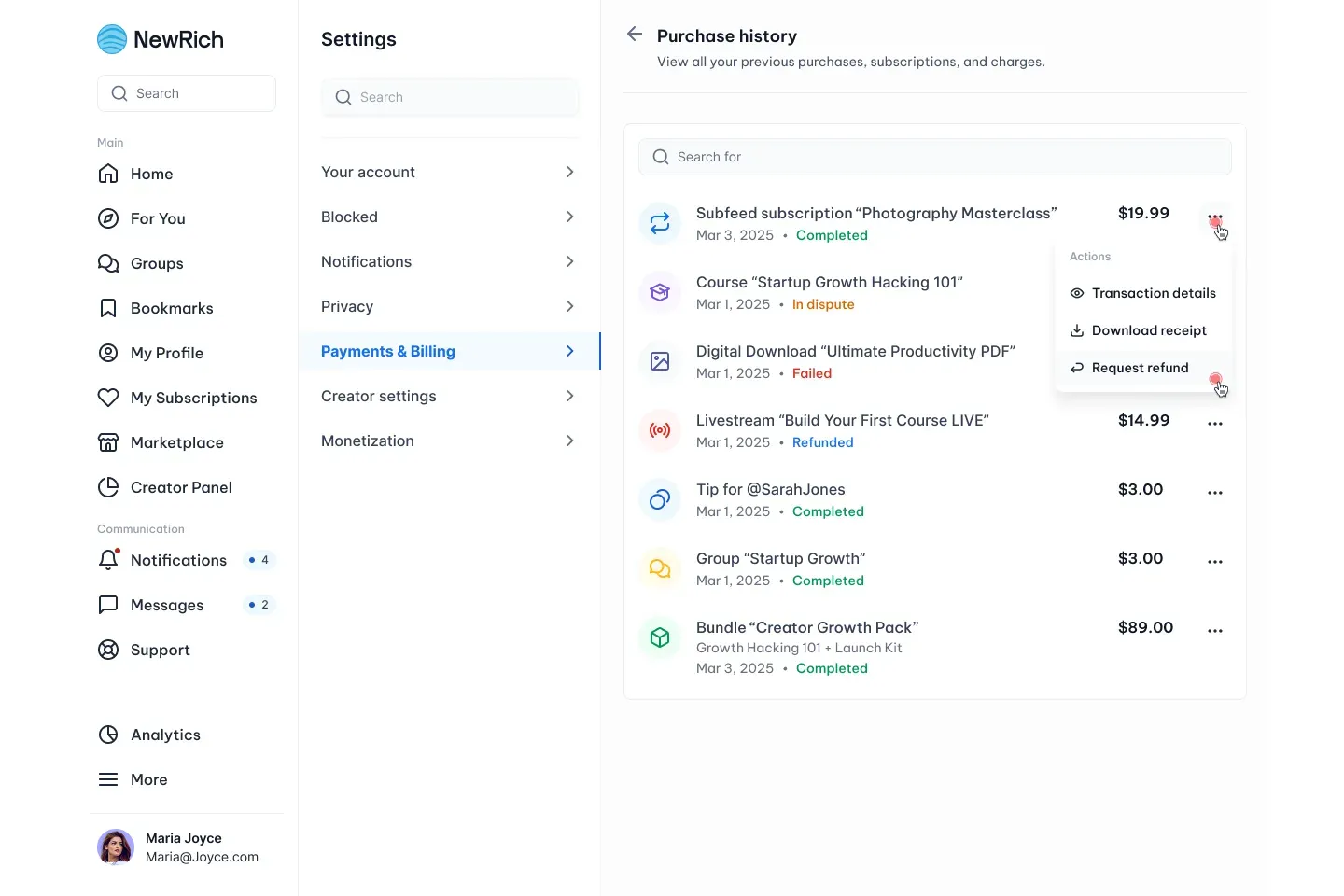 Dispute payments screenshot
